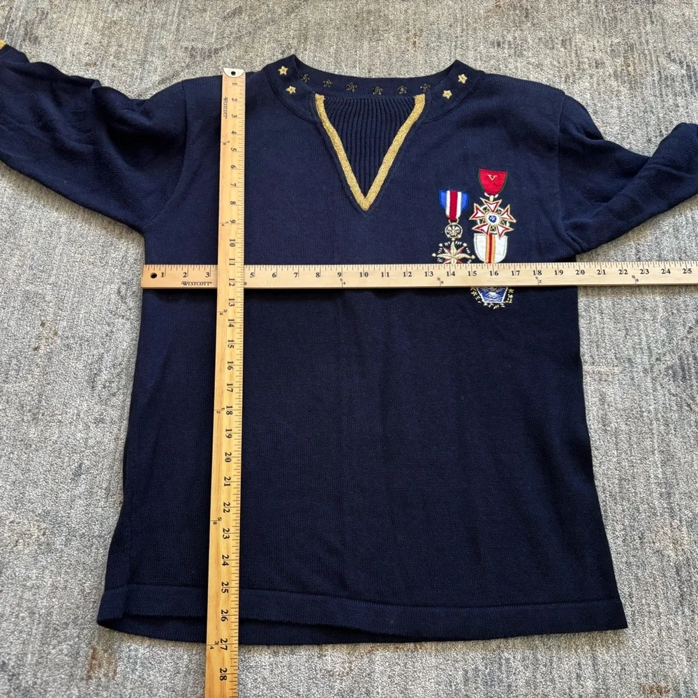 SUZELLE Military Style Navy Long Sleeve Sweater w/ Decorative Accents Nautical - Picture 5 of 7